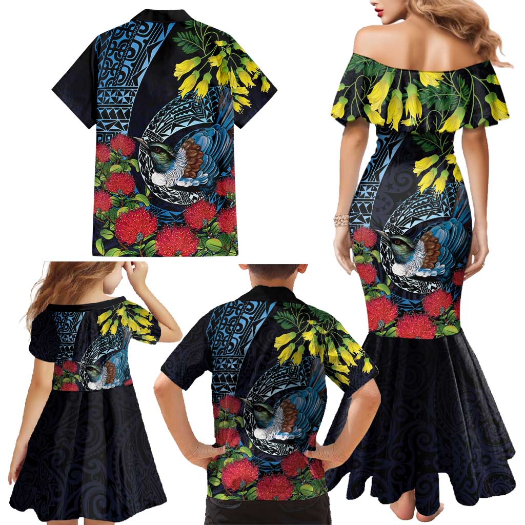 New Zealand Tui Bird Family Matching Mermaid Dress and Hawaiian Shirt Maori Koru Mix Pohutukawa DT04 - Polynesian Pride