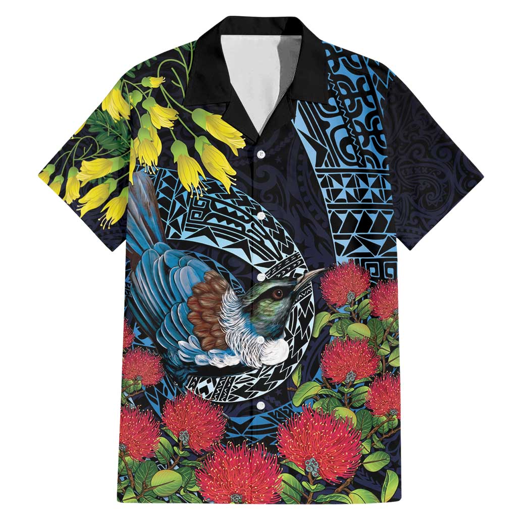 New Zealand Tui Bird Family Matching Mermaid Dress and Hawaiian Shirt Maori Koru Mix Pohutukawa DT04 Dad's Shirt - Short Sleeve Black - Polynesian Pride