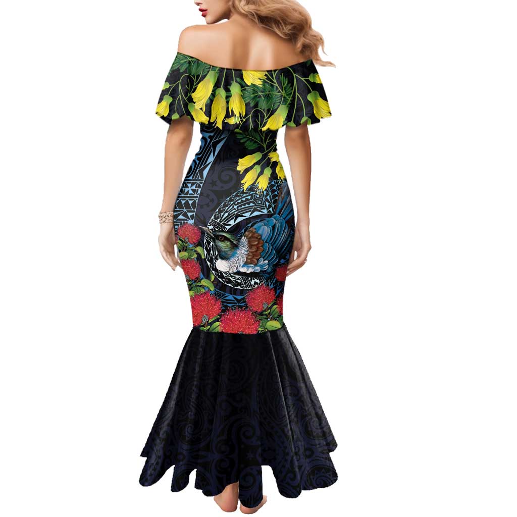 New Zealand Tui Bird Family Matching Mermaid Dress and Hawaiian Shirt Maori Koru Mix Pohutukawa DT04 - Polynesian Pride