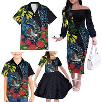 New Zealand Tui Bird Family Matching Off The Shoulder Long Sleeve Dress and Hawaiian Shirt Maori Koru Mix Pohutukawa DT04 - Polynesian Pride