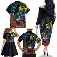 New Zealand Tui Bird Family Matching Off The Shoulder Long Sleeve Dress and Hawaiian Shirt Maori Koru Mix Pohutukawa DT04 - Polynesian Pride