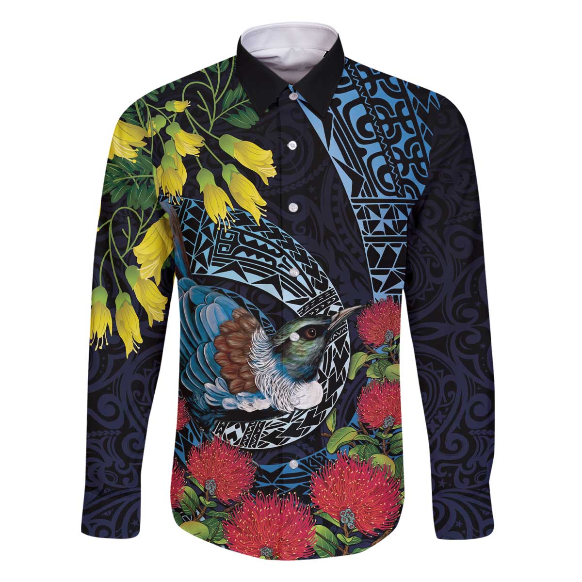 New Zealand Tui Bird Family Matching Off The Shoulder Long Sleeve Dress and Hawaiian Shirt Maori Koru Mix Pohutukawa DT04 Dad's Shirt - Long Sleeve Black - Polynesian Pride