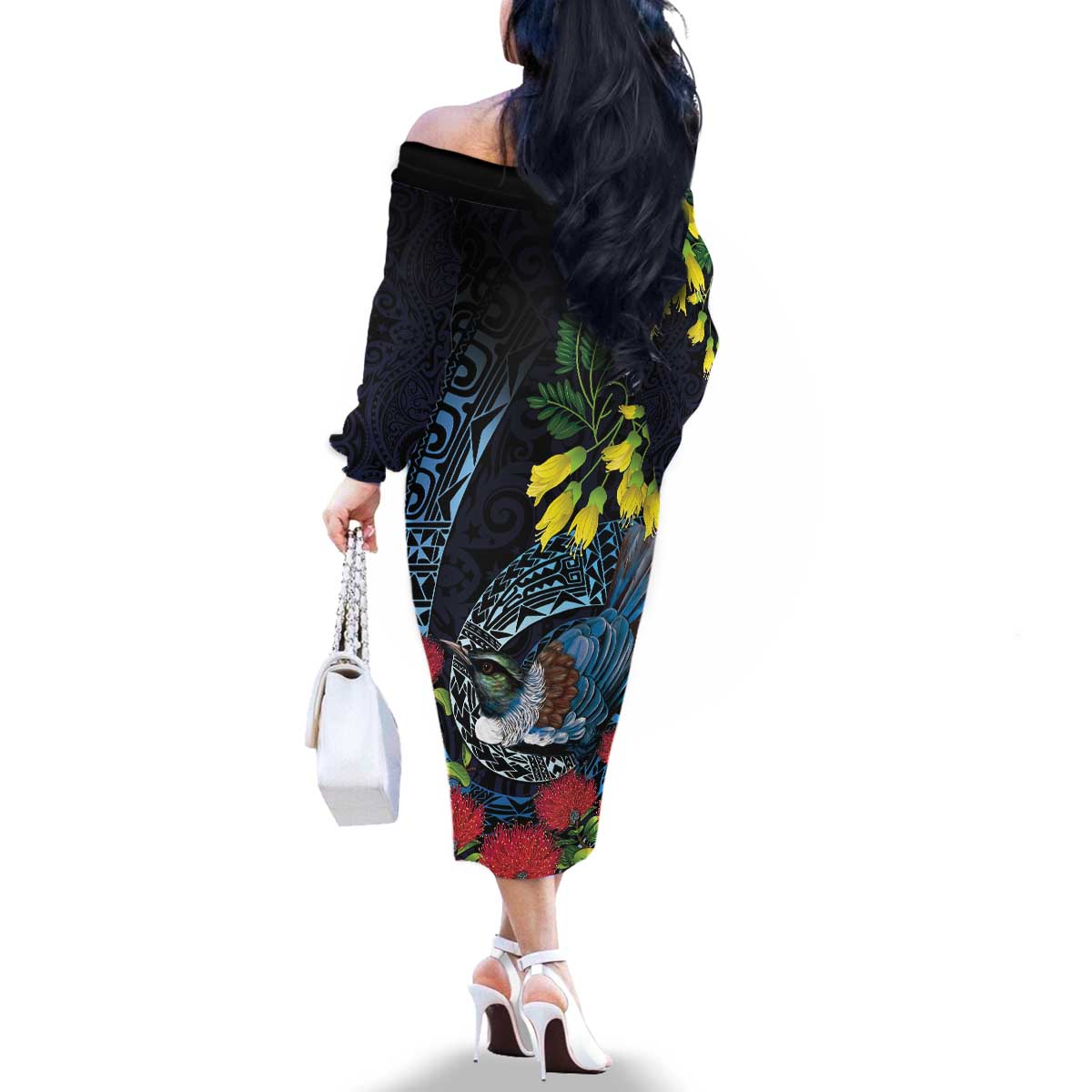 New Zealand Tui Bird Family Matching Off The Shoulder Long Sleeve Dress and Hawaiian Shirt Maori Koru Mix Pohutukawa DT04 - Polynesian Pride