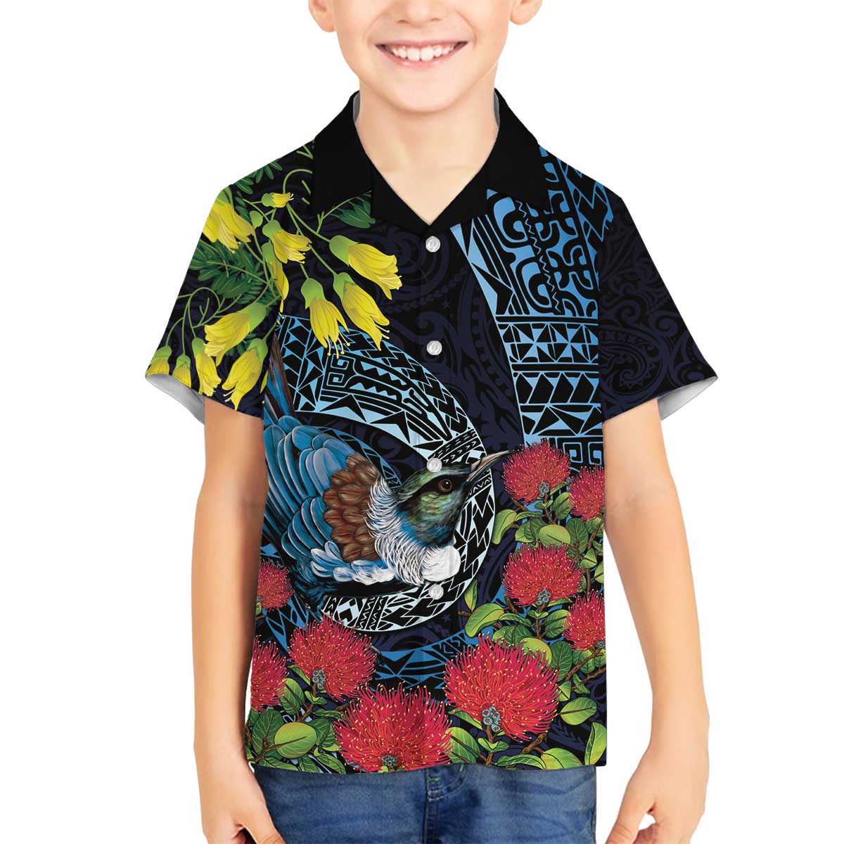 New Zealand Tui Bird Family Matching Off The Shoulder Long Sleeve Dress and Hawaiian Shirt Maori Koru Mix Pohutukawa DT04 Son's Shirt Black - Polynesian Pride