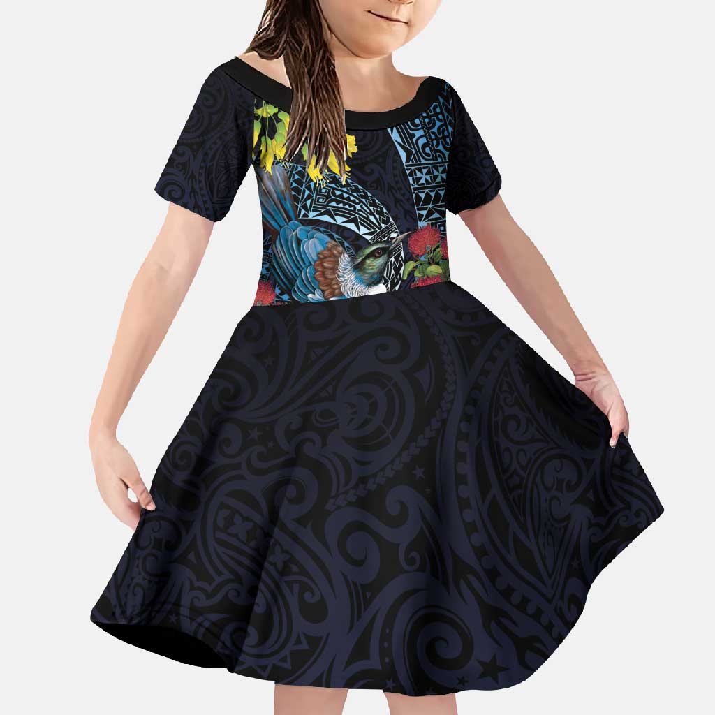 New Zealand Tui Bird Family Matching Off Shoulder Maxi Dress and Hawaiian Shirt Maori Koru Mix Pohutukawa DT04 Daughter's Dress Black - Polynesian Pride