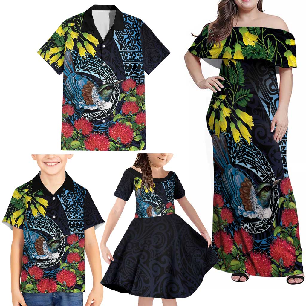 New Zealand Tui Bird Family Matching Off Shoulder Maxi Dress and Hawaiian Shirt Maori Koru Mix Pohutukawa DT04 - Polynesian Pride