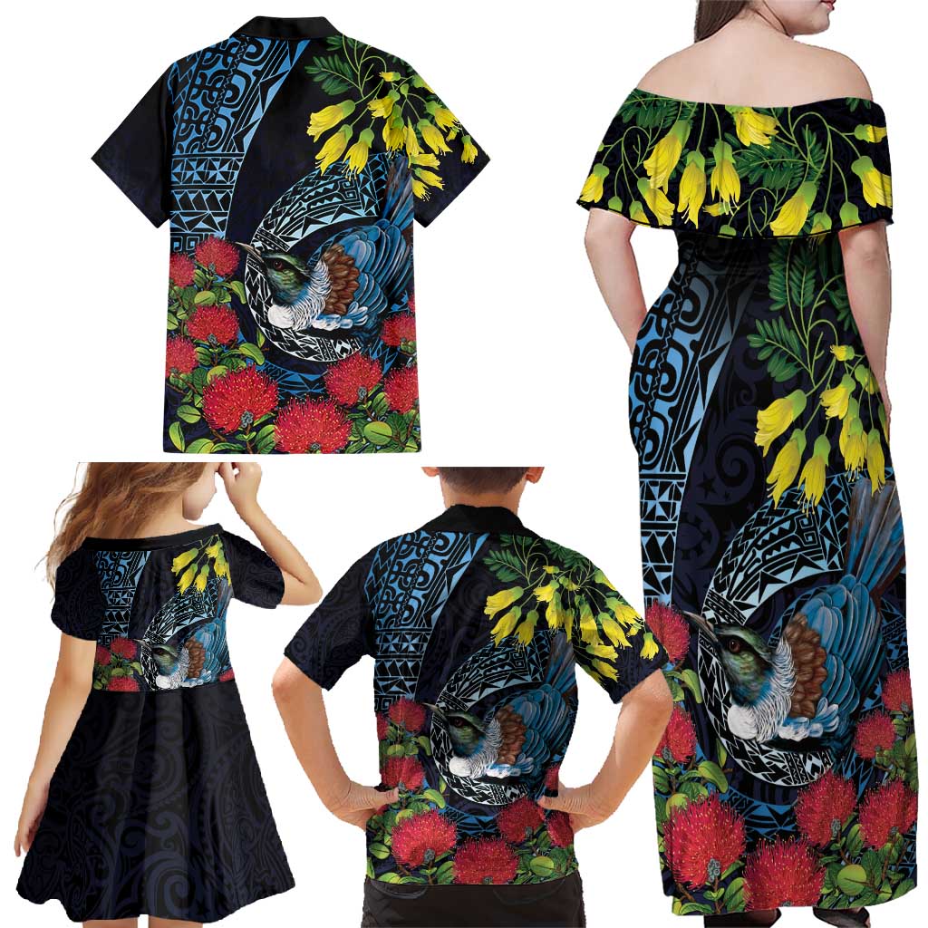 New Zealand Tui Bird Family Matching Off Shoulder Maxi Dress and Hawaiian Shirt Maori Koru Mix Pohutukawa DT04 - Polynesian Pride