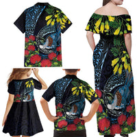 New Zealand Tui Bird Family Matching Off Shoulder Maxi Dress and Hawaiian Shirt Maori Koru Mix Pohutukawa DT04 - Polynesian Pride