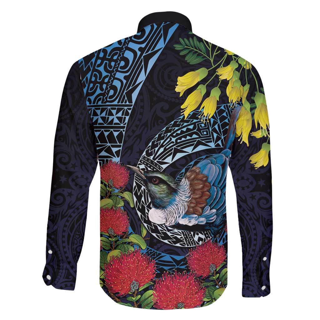 New Zealand Tui Bird Family Matching Off Shoulder Maxi Dress and Hawaiian Shirt Maori Koru Mix Pohutukawa DT04 - Polynesian Pride