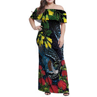 New Zealand Tui Bird Family Matching Off Shoulder Maxi Dress and Hawaiian Shirt Maori Koru Mix Pohutukawa DT04 Mom's Dress Black - Polynesian Pride