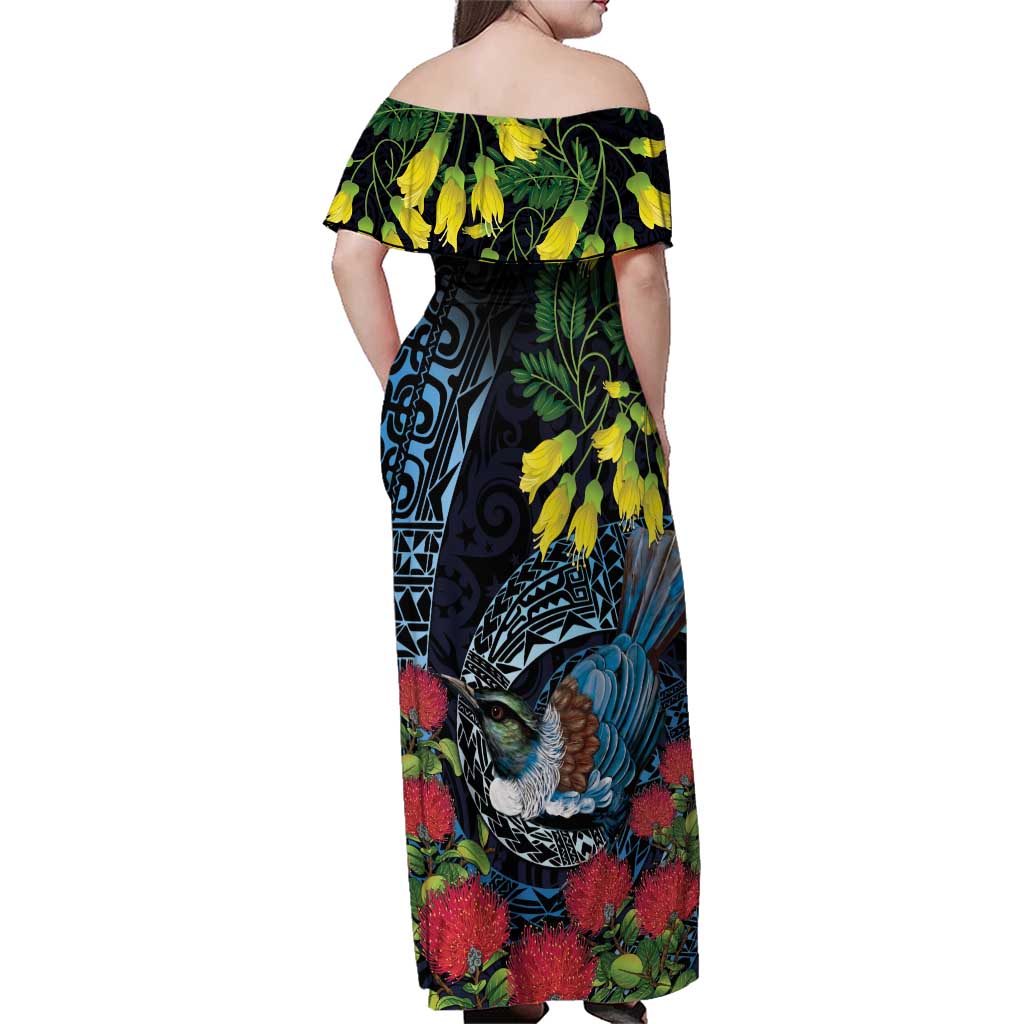 New Zealand Tui Bird Family Matching Off Shoulder Maxi Dress and Hawaiian Shirt Maori Koru Mix Pohutukawa DT04 - Polynesian Pride