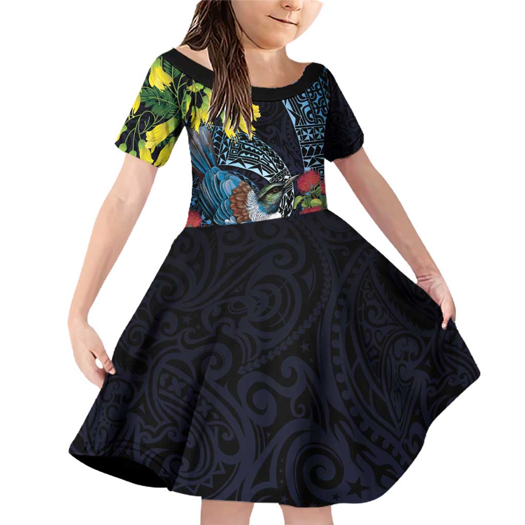 New Zealand Tui Bird Family Matching Off Shoulder Short Dress and Hawaiian Shirt Maori Koru Mix Pohutukawa DT04 Daughter's Dress Black - Polynesian Pride
