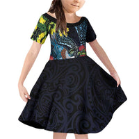 New Zealand Tui Bird Family Matching Off Shoulder Short Dress and Hawaiian Shirt Maori Koru Mix Pohutukawa DT04 Daughter's Dress Black - Polynesian Pride