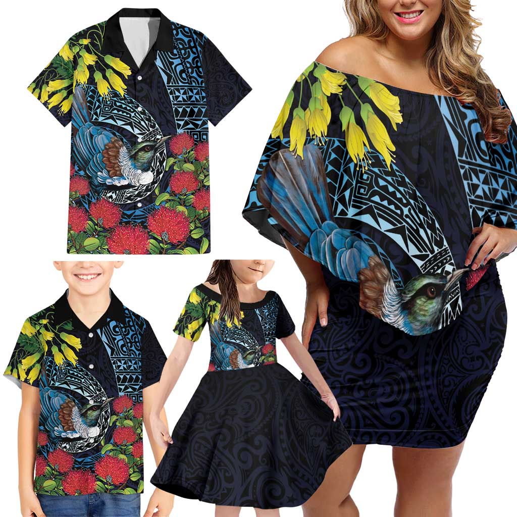 New Zealand Tui Bird Family Matching Off Shoulder Short Dress and Hawaiian Shirt Maori Koru Mix Pohutukawa DT04 - Polynesian Pride