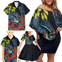 New Zealand Tui Bird Family Matching Off Shoulder Short Dress and Hawaiian Shirt Maori Koru Mix Pohutukawa DT04 - Polynesian Pride