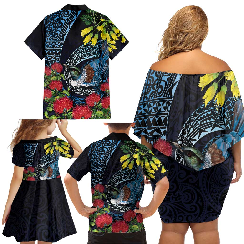 New Zealand Tui Bird Family Matching Off Shoulder Short Dress and Hawaiian Shirt Maori Koru Mix Pohutukawa DT04 - Polynesian Pride