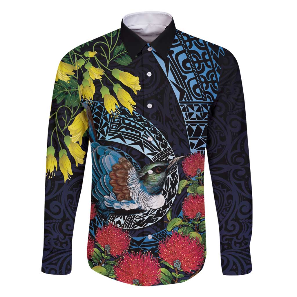 New Zealand Tui Bird Family Matching Off Shoulder Short Dress and Hawaiian Shirt Maori Koru Mix Pohutukawa DT04 Dad's Shirt - Long Sleeve Black - Polynesian Pride