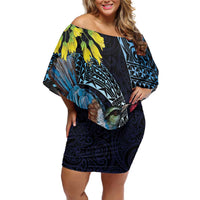 New Zealand Tui Bird Family Matching Off Shoulder Short Dress and Hawaiian Shirt Maori Koru Mix Pohutukawa DT04 Mom's Dress Black - Polynesian Pride
