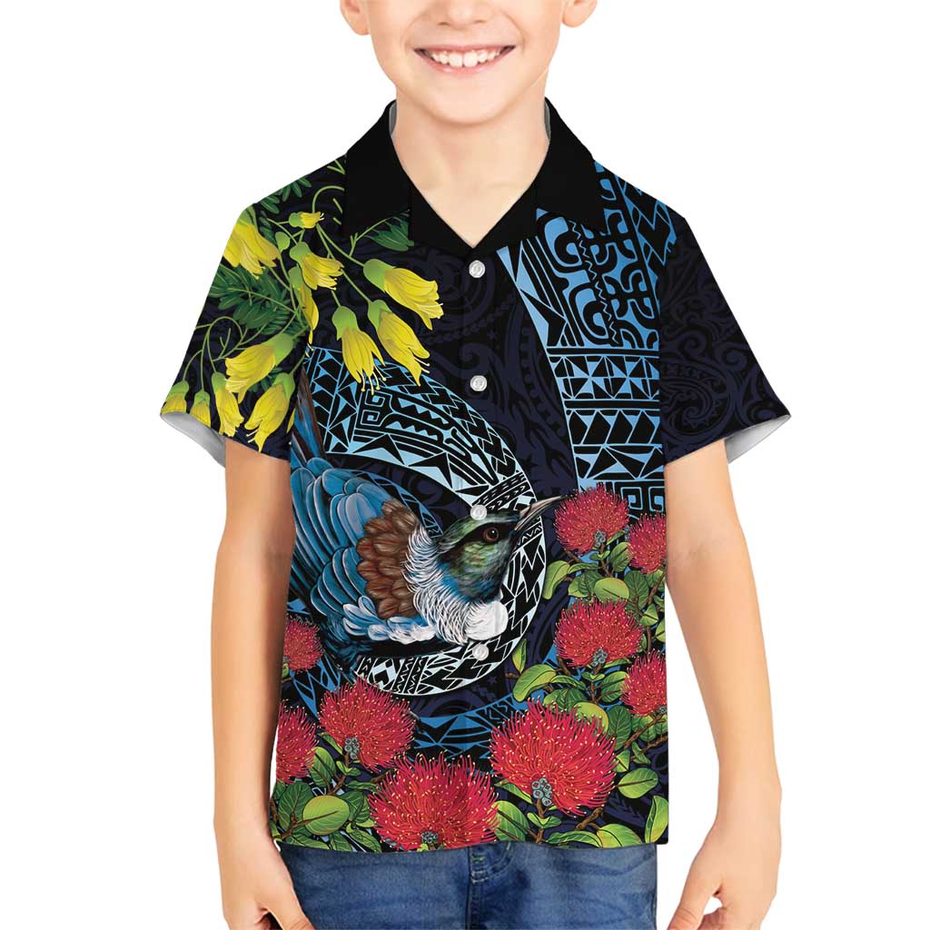 New Zealand Tui Bird Family Matching Off Shoulder Short Dress and Hawaiian Shirt Maori Koru Mix Pohutukawa DT04 Son's Shirt Black - Polynesian Pride