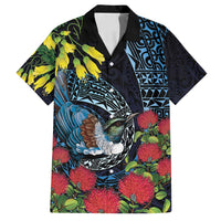 New Zealand Tui Bird Family Matching Puletasi and Hawaiian Shirt Maori Koru Mix Pohutukawa DT04 Dad's Shirt - Short Sleeve Black - Polynesian Pride