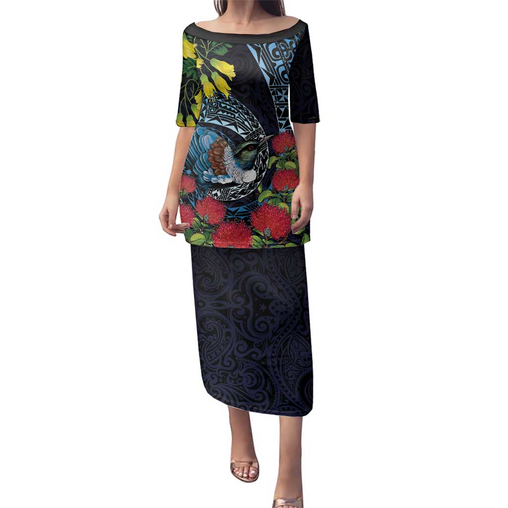 New Zealand Tui Bird Family Matching Puletasi and Hawaiian Shirt Maori Koru Mix Pohutukawa DT04 Mom's Dress Black - Polynesian Pride
