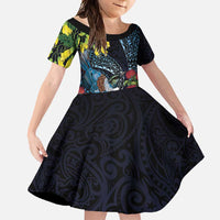 New Zealand Tui Bird Family Matching Short Sleeve Bodycon Dress and Hawaiian Shirt Maori Koru Mix Pohutukawa DT04 Daughter's Dress Black - Polynesian Pride