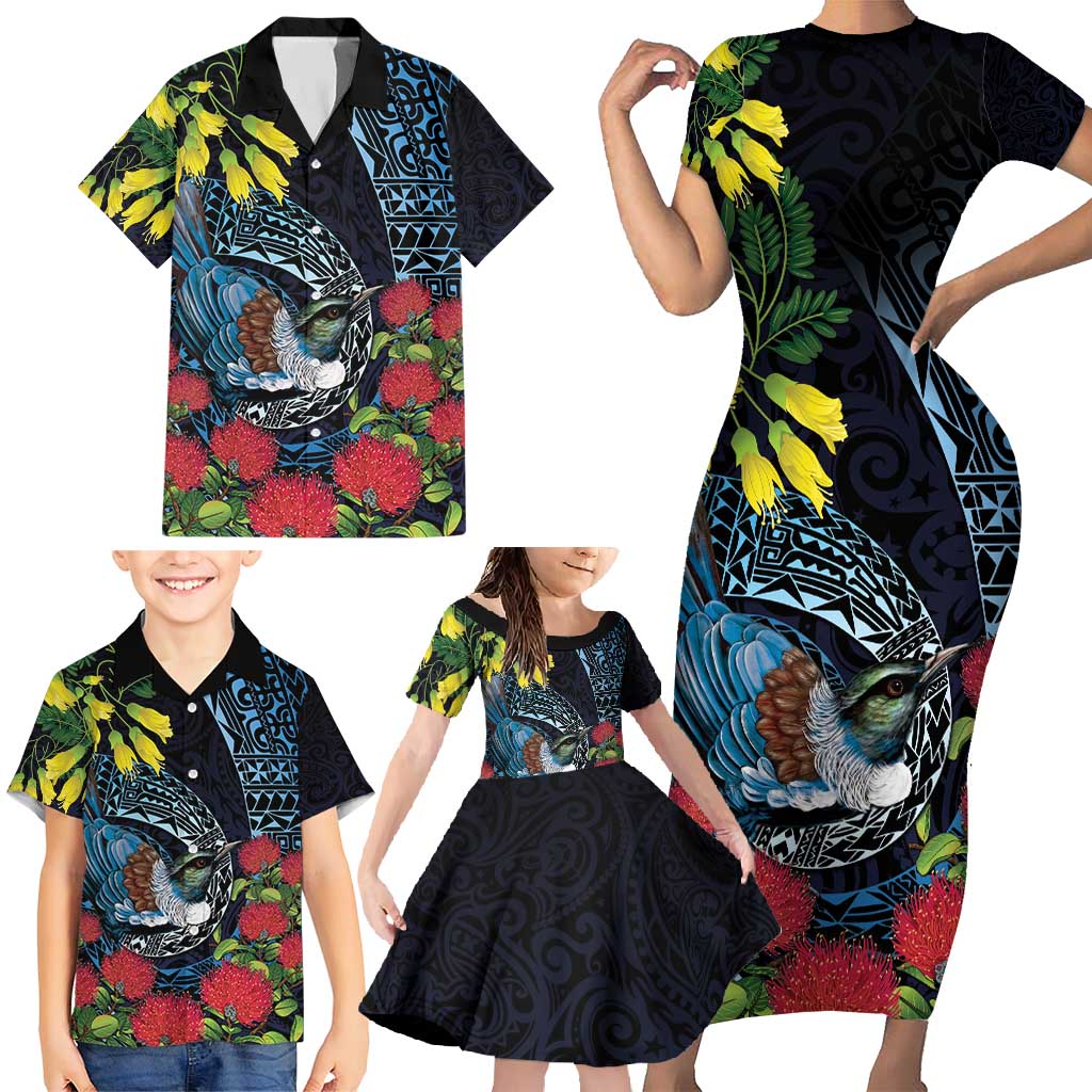 New Zealand Tui Bird Family Matching Short Sleeve Bodycon Dress and Hawaiian Shirt Maori Koru Mix Pohutukawa DT04 - Polynesian Pride