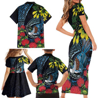 New Zealand Tui Bird Family Matching Short Sleeve Bodycon Dress and Hawaiian Shirt Maori Koru Mix Pohutukawa DT04 - Polynesian Pride
