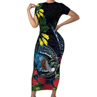 New Zealand Tui Bird Family Matching Short Sleeve Bodycon Dress and Hawaiian Shirt Maori Koru Mix Pohutukawa DT04 Mom's Dress Black - Polynesian Pride