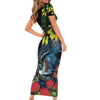 New Zealand Tui Bird Family Matching Short Sleeve Bodycon Dress and Hawaiian Shirt Maori Koru Mix Pohutukawa DT04 - Polynesian Pride