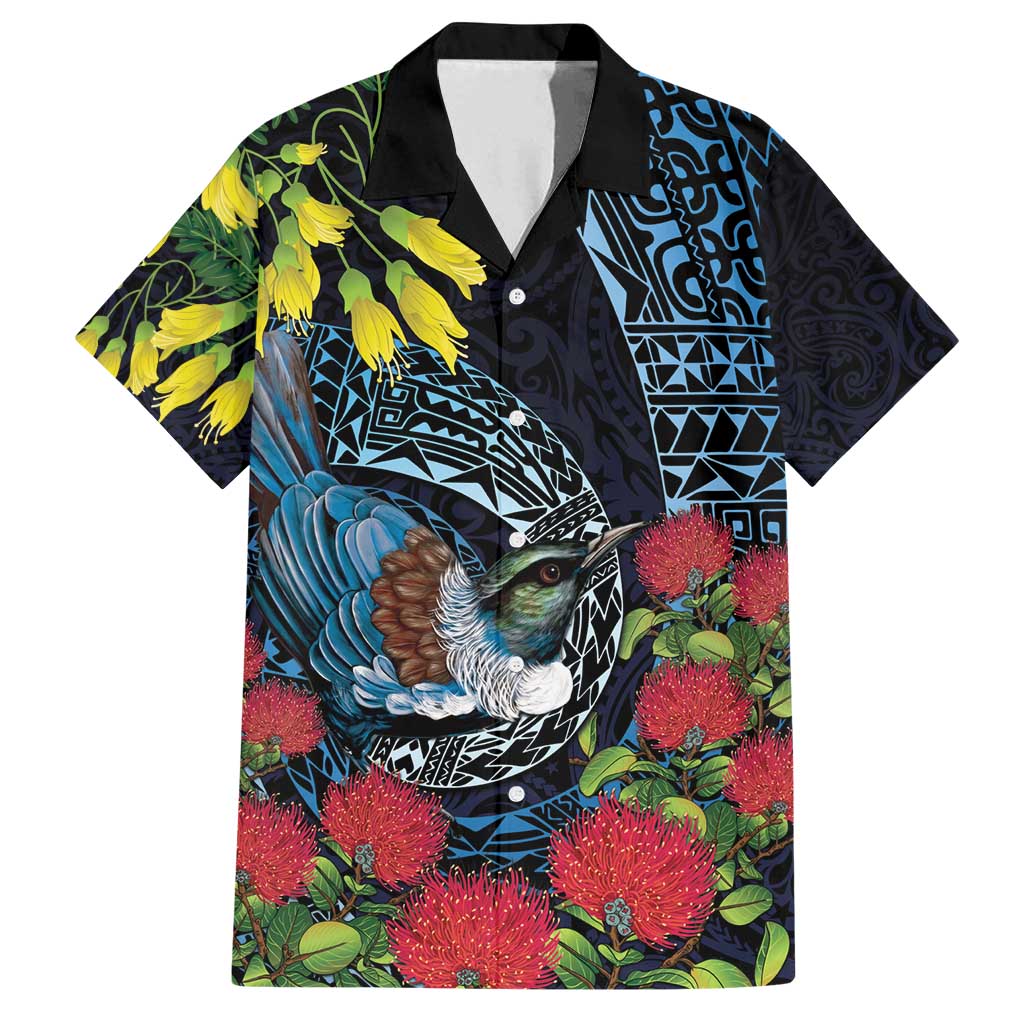 New Zealand Tui Bird Family Matching Summer Maxi Dress and Hawaiian Shirt Maori Koru Mix Pohutukawa DT04 Dad's Shirt - Short Sleeve Black - Polynesian Pride