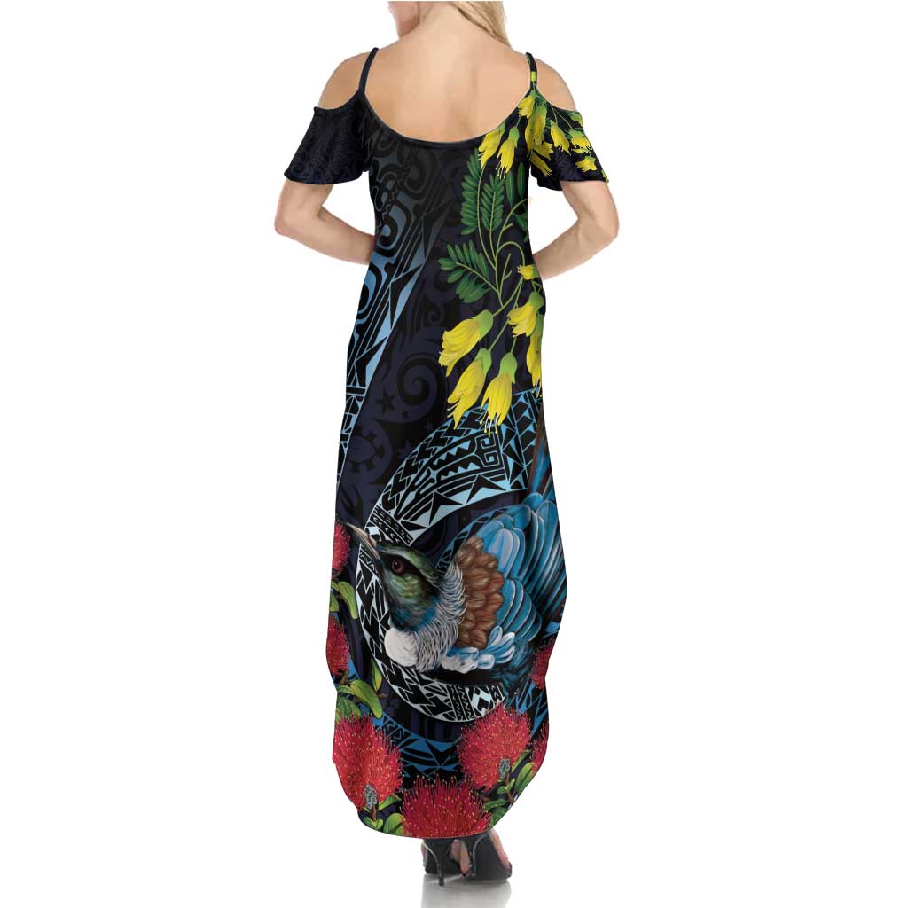 New Zealand Tui Bird Family Matching Summer Maxi Dress and Hawaiian Shirt Maori Koru Mix Pohutukawa DT04 - Polynesian Pride