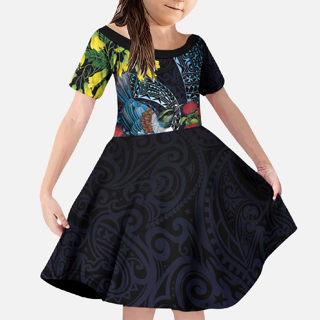 New Zealand Tui Bird Family Matching Tank Maxi Dress and Hawaiian Shirt Maori Koru Mix Pohutukawa DT04 Daughter's Dress Black - Polynesian Pride