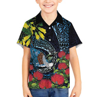 New Zealand Tui Bird Family Matching Tank Maxi Dress and Hawaiian Shirt Maori Koru Mix Pohutukawa DT04 Son's Shirt Black - Polynesian Pride