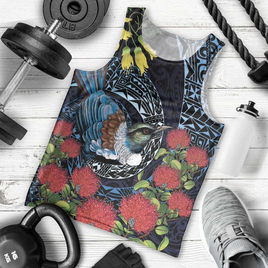 New Zealand Tui Bird Men Tank Top Maori Koru Mix Pohutukawa