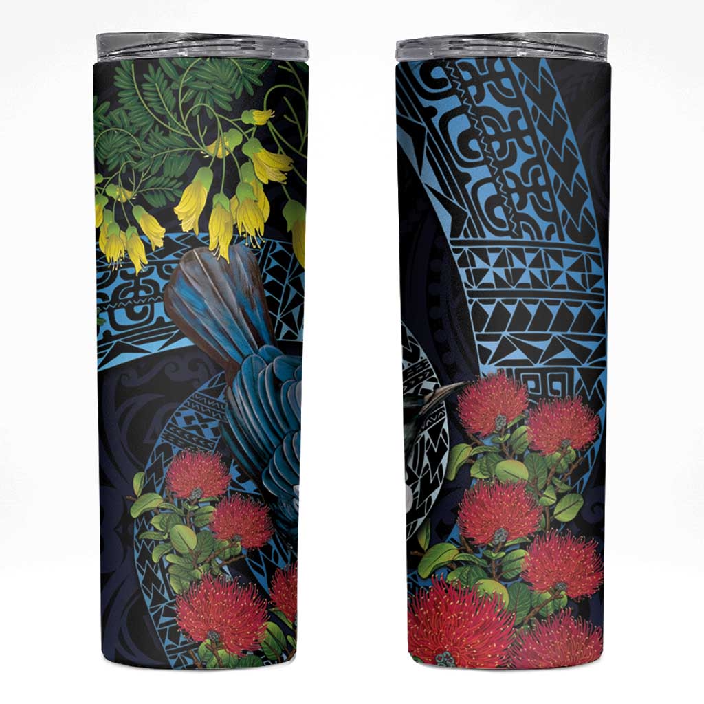 New Zealand Tui Bird Skinny Tumbler Maori Koru Mix Pohutukawa DT04 Black - Polynesian Pride