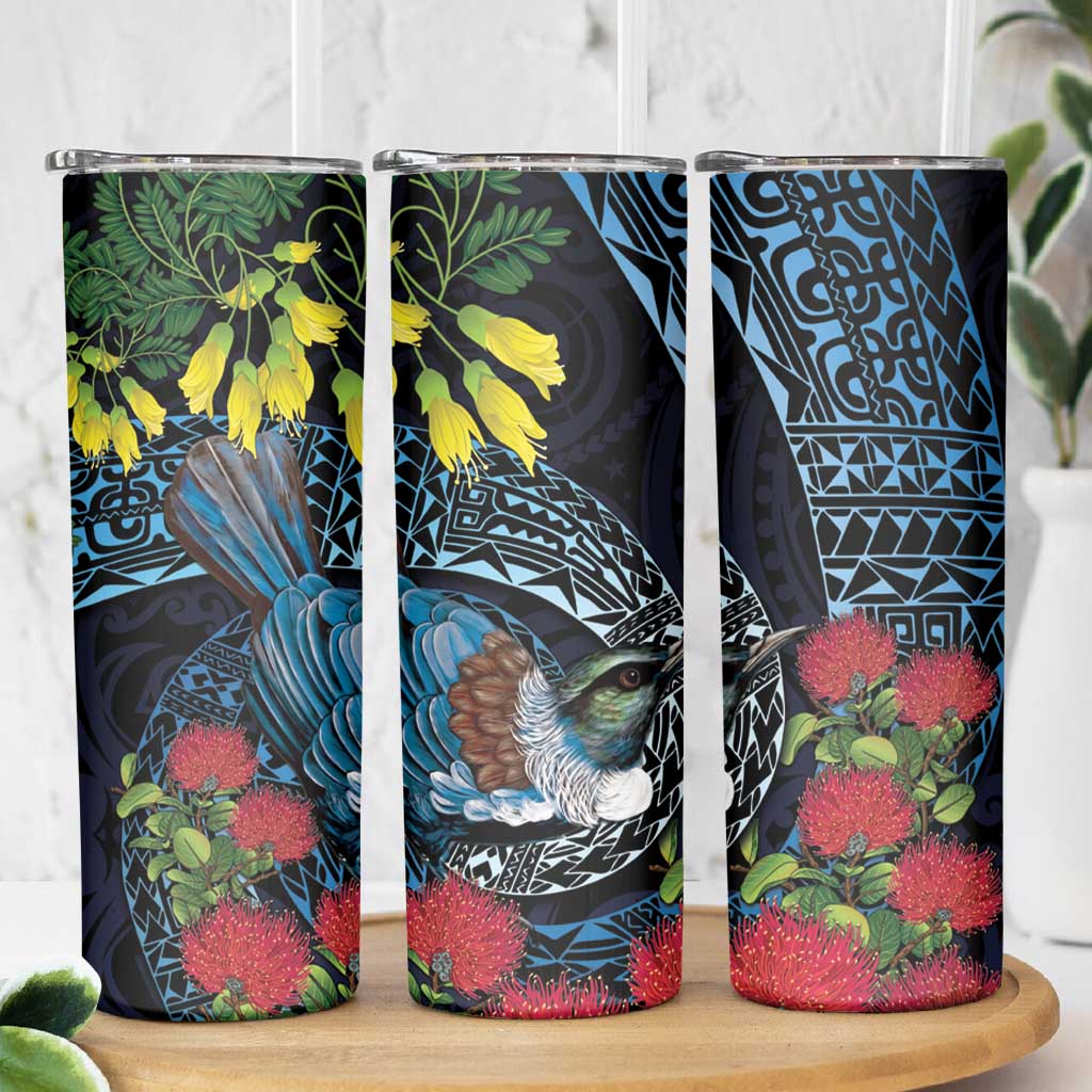 New Zealand Tui Bird Skinny Tumbler Maori Koru Mix Pohutukawa DT04 - Polynesian Pride
