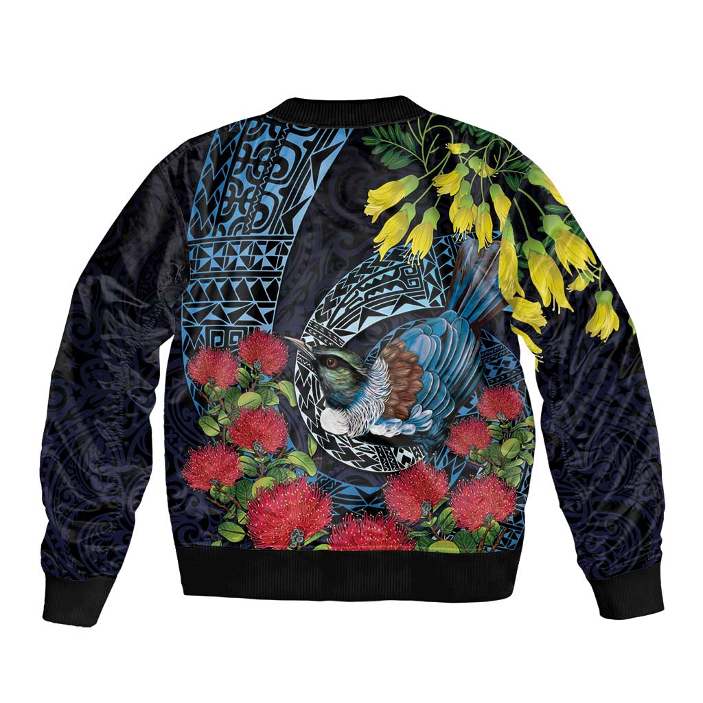 New Zealand Tui Bird Sleeve Zip Bomber Jacket Maori Koru Mix Pohutukawa