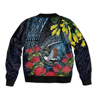 New Zealand Tui Bird Sleeve Zip Bomber Jacket Maori Koru Mix Pohutukawa