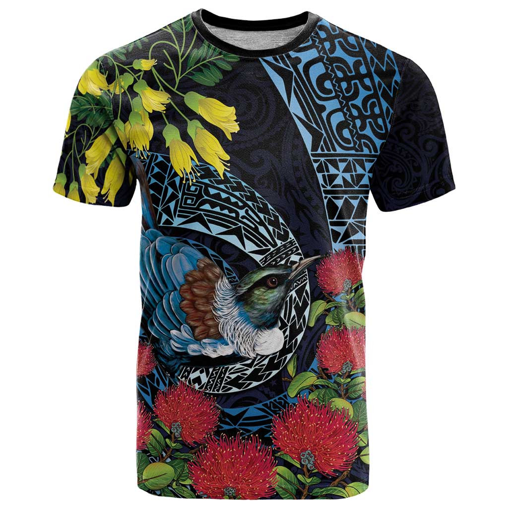 New Zealand Tui Bird T Shirt Maori Koru Mix Pohutukawa