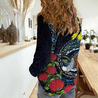 New Zealand Tui Bird Women Casual Shirt Maori Koru Mix Pohutukawa DT04 - Polynesian Pride