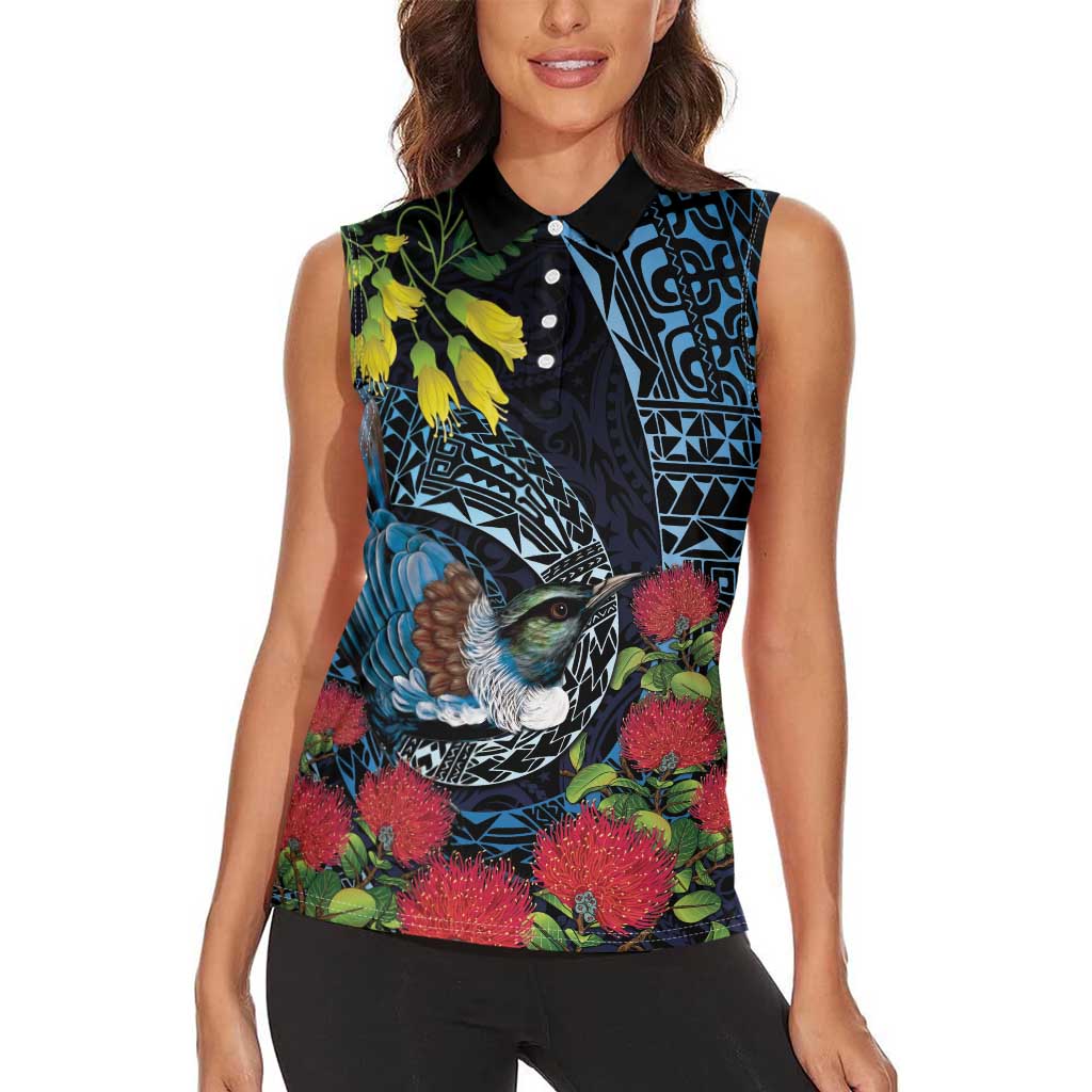 New Zealand Tui Bird Women Sleeveless Polo Shirt Maori Koru Mix Pohutukawa