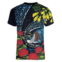 New Zealand Tui Bird Women V-Neck T-Shirt Maori Koru Mix Pohutukawa
