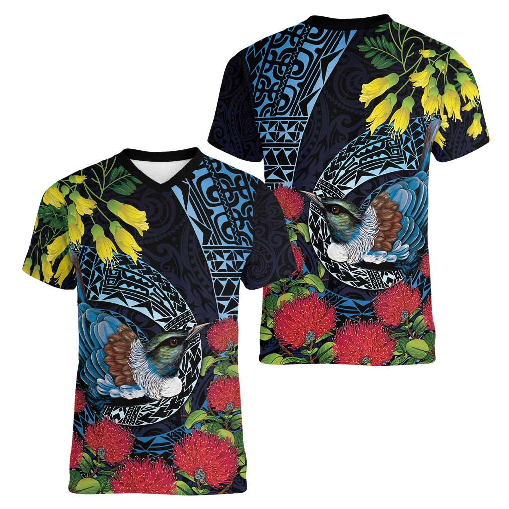 New Zealand Tui Bird Women V-Neck T-Shirt Maori Koru Mix Pohutukawa