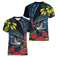 New Zealand Tui Bird Women V-Neck T-Shirt Maori Koru Mix Pohutukawa