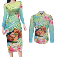 Personalised Hawaii Father's Day Couples Matching Long Sleeve Bodycon Dress and Long Sleeve Button Shirt Happy Father And Child