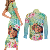 Personalised Hawaii Father's Day Couples Matching Short Sleeve Bodycon Dress and Long Sleeve Button Shirt Happy Father And Child