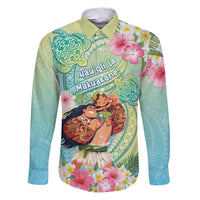 Personalised Hawaii Father's Day Family Matching Puletasi and Hawaiian Shirt Happy Father And Child DT04 Dad's Shirt - Long Sleeve Green - Polynesian Pride