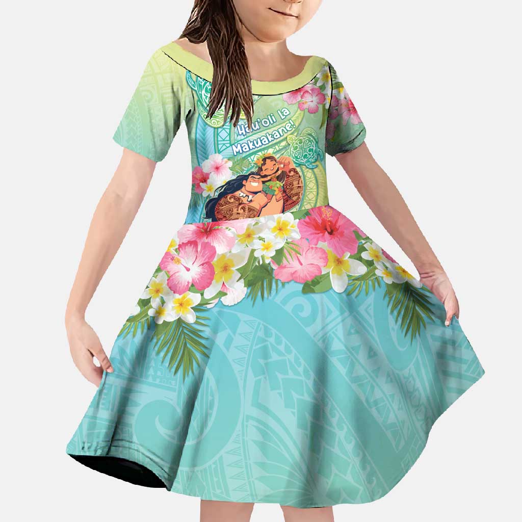 Personalised Hawaii Father's Day Family Matching Short Sleeve Bodycon Dress and Hawaiian Shirt Happy Father And Child DT04 Daughter's Dress Green - Polynesian Pride