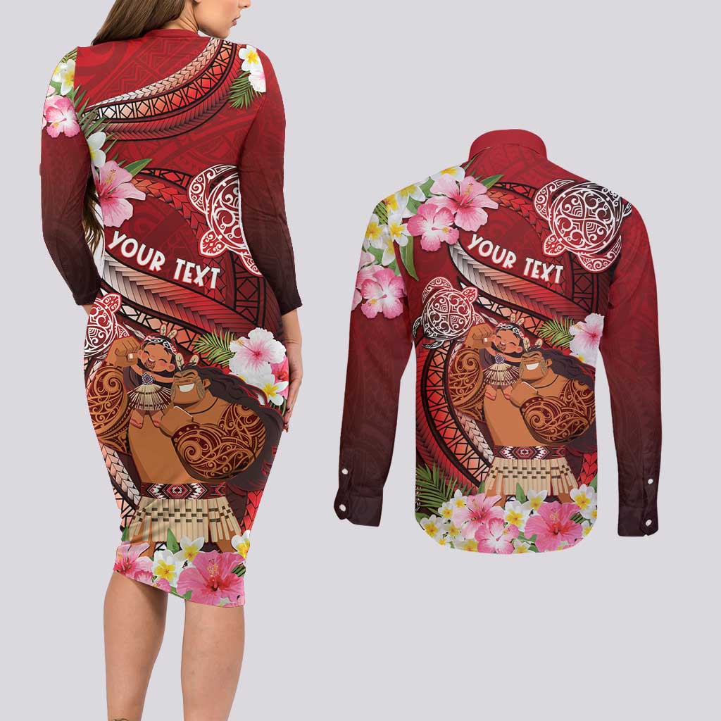 Personalised New Zealand Father's Day Couples Matching Long Sleeve Bodycon Dress and Long Sleeve Button Shirt Happy Father And Child DT04 - Polynesian Pride